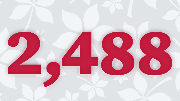 2,488 in scarlet text on light grey buckeye leaf background