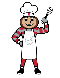 Brutus the Buckeye wearing an apron and chef's hat